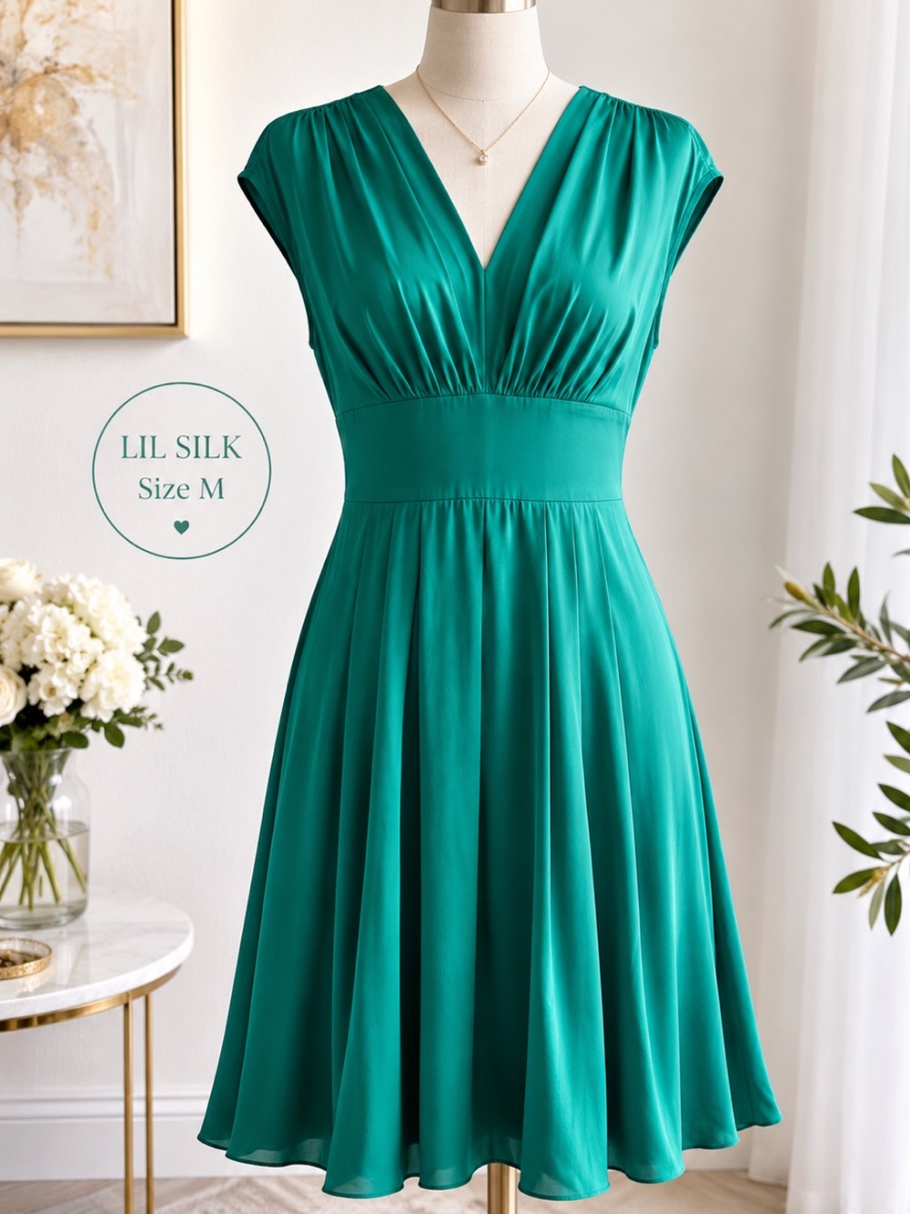 Lil Silk Emerald Green Silk Dress Size M V-Neck Pleated Fit & Flare Midi Dress